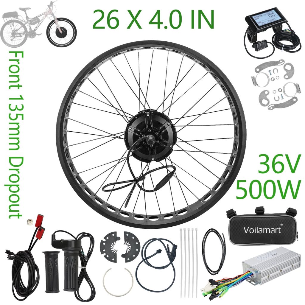 Voilamart 26 X 4.0“ Fat Tire Electric Bicycle 36V 500 Watt Front 135MM Hub Motor Wheel Ebike Conversion Kit for Turn Beach Cruiser Snow Bike into E-Bike
