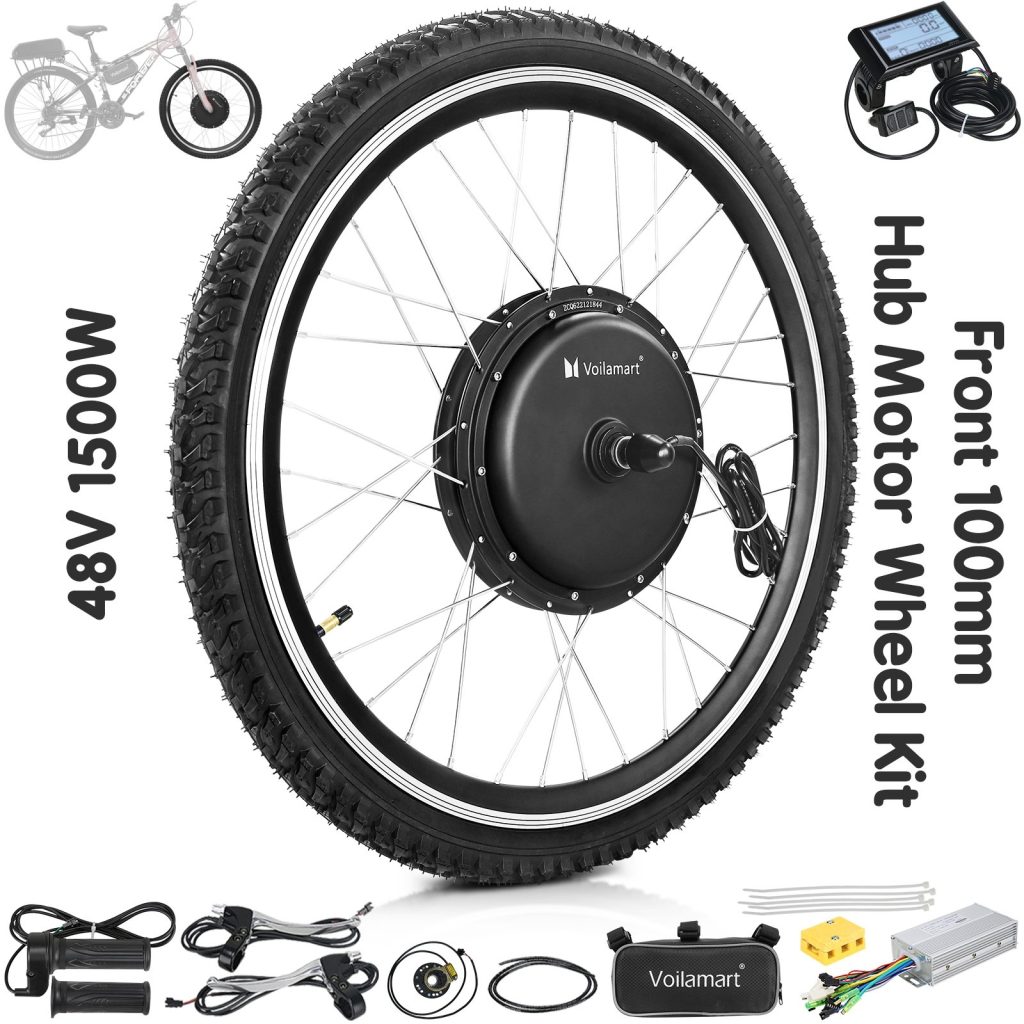 Voilamart 26IN 48V 1500W Ebike Front Motor Wheel Conversion Kit with SW900 LCD Display Monitor, for Front 100MM Dropout, Intelligent Controller, PAS, 750W Restricted as Road Legal Turn Bike Into eBike Kit